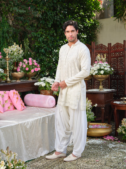 White Thread-Embroidered Georgette Kurta–Bottom Set