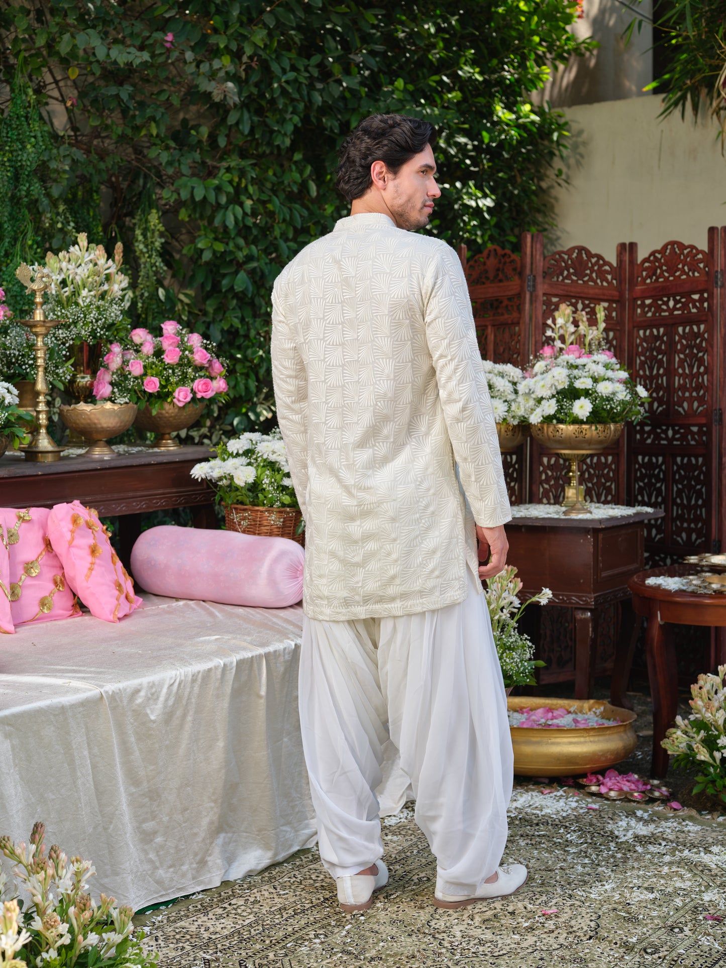 White Thread-Embroidered Georgette Kurta–Bottom Set