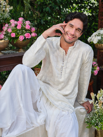 White Thread-Embroidered Georgette Kurta–Bottom Set