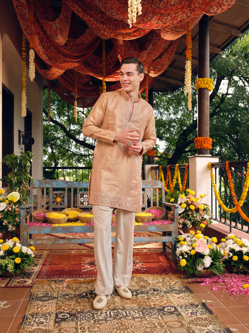 Rose Gold Jacquard Short Kurta Set with Gotta Patti Work