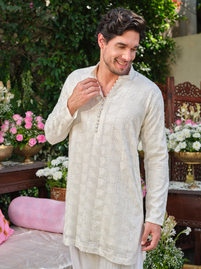 White Thread-Embroidered Georgette Kurta–Bottom Set