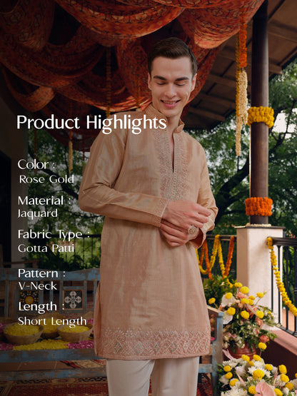 Rose Gold Jacquard Short Kurta Set with Gotta Patti Work