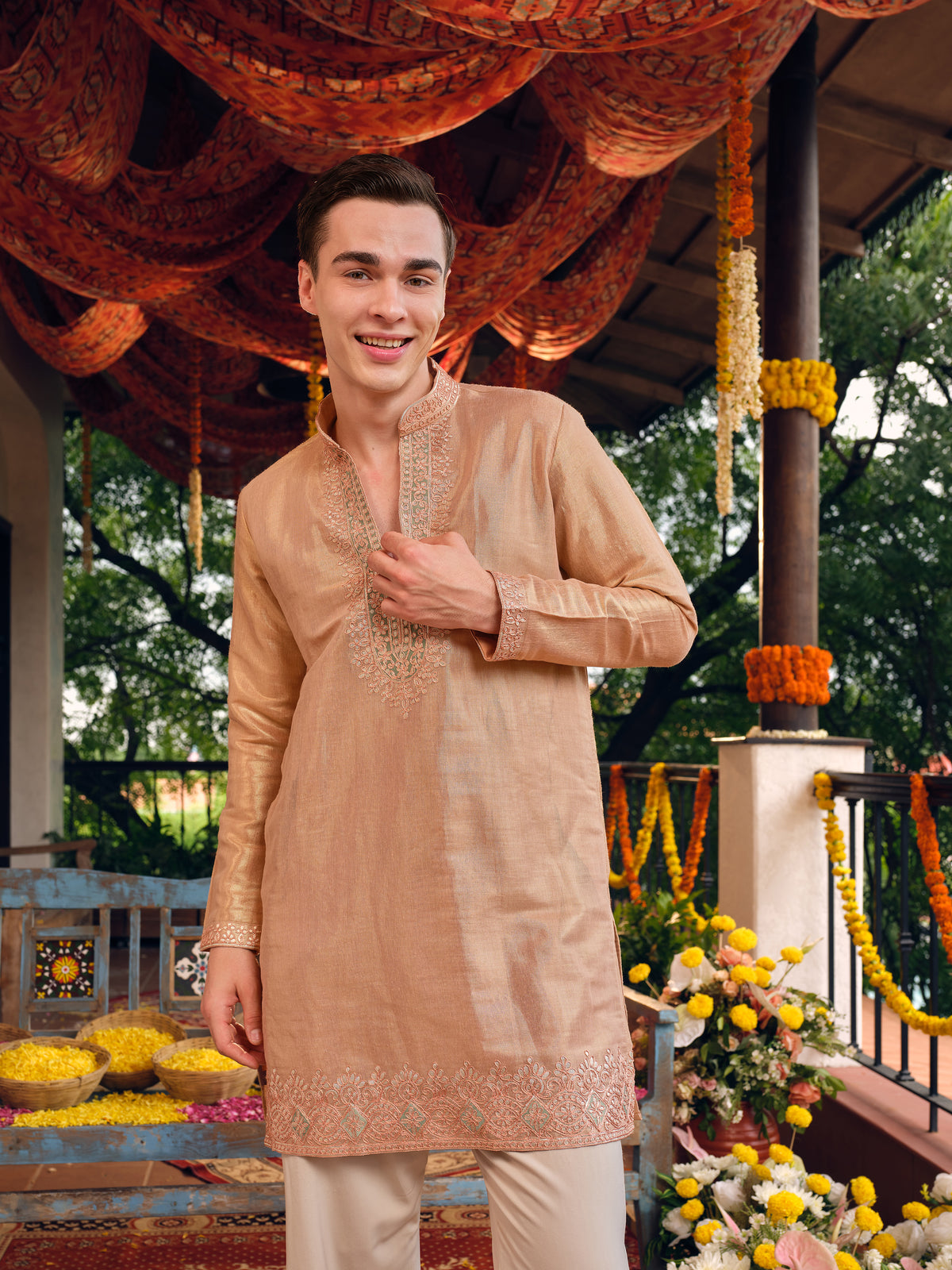 Rose Gold Jacquard Short Kurta Set with Gotta Patti Work