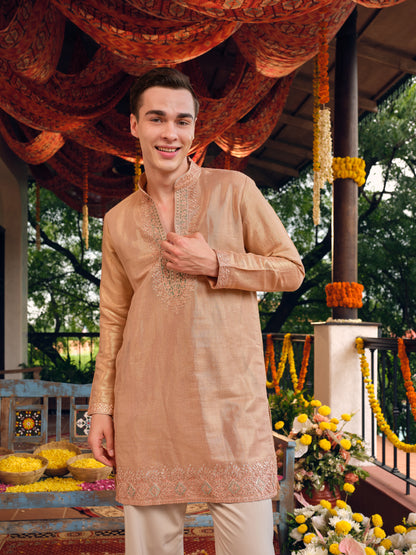 Rose Gold Jacquard Short Kurta Set with Gotta Patti Work