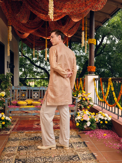 Rose Gold Jacquard Short Kurta Set with Gotta Patti Work