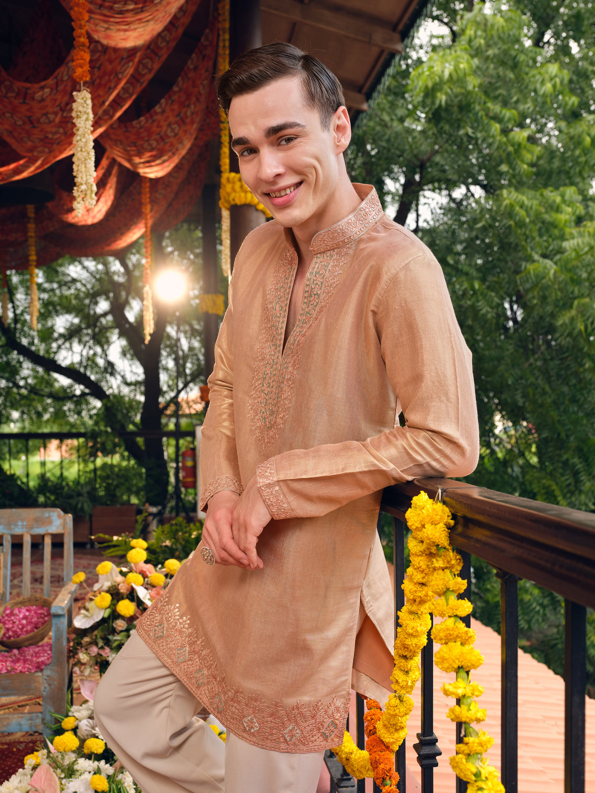 Rose Gold Jacquard Short Kurta Set with Gotta Patti Work