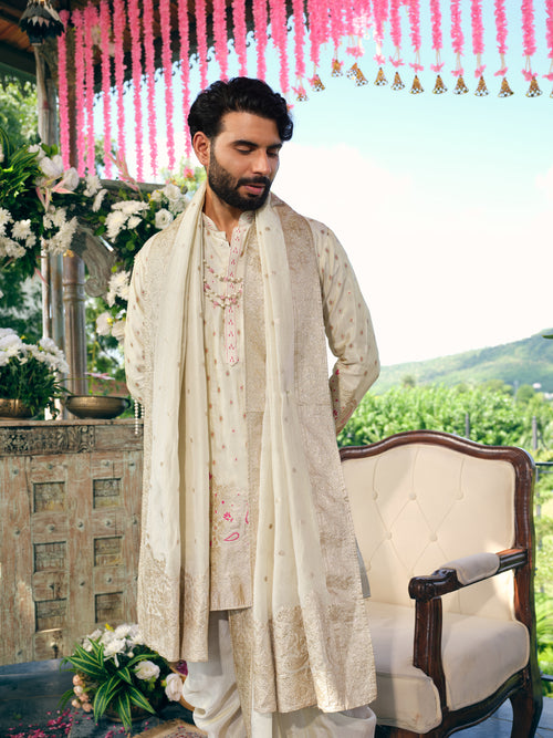Cream Jacquard Dhoti Kurta Set with Meena Work