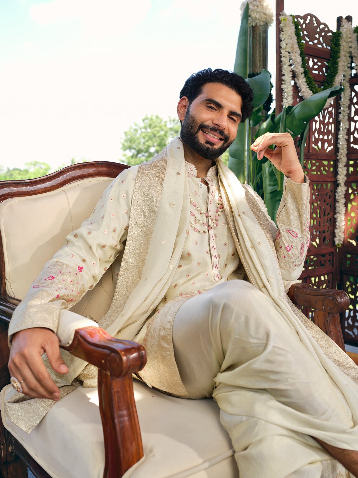 Cream Jacquard Dhoti Kurta Set with Meena Work