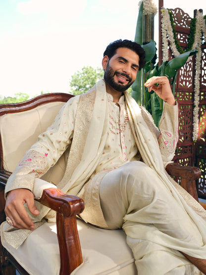 Cream Jacquard Dhoti Kurta Set with Meena Work