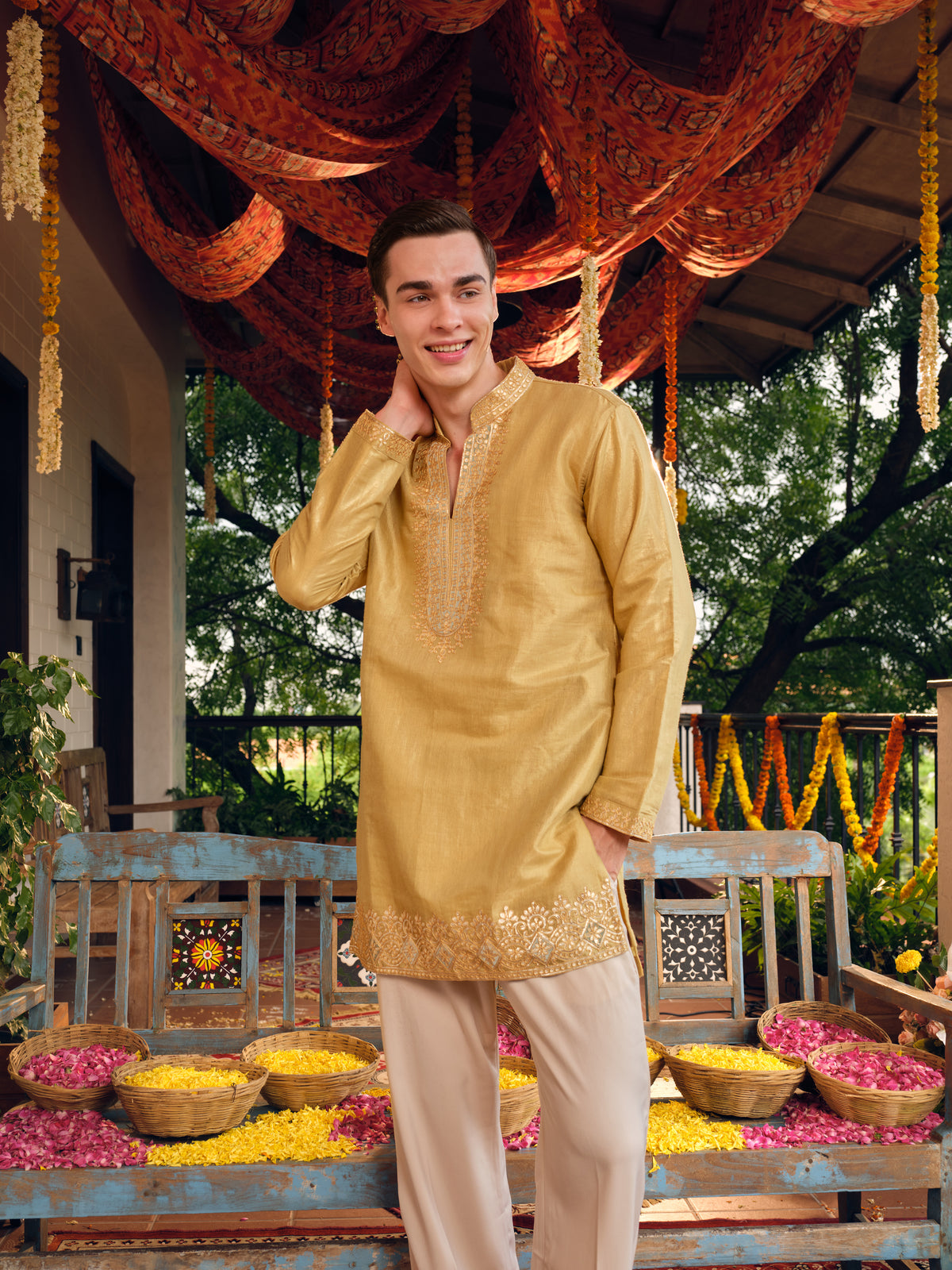 Royal Sunshine Jacquard Short Kurta Set with Gotta Patti Work