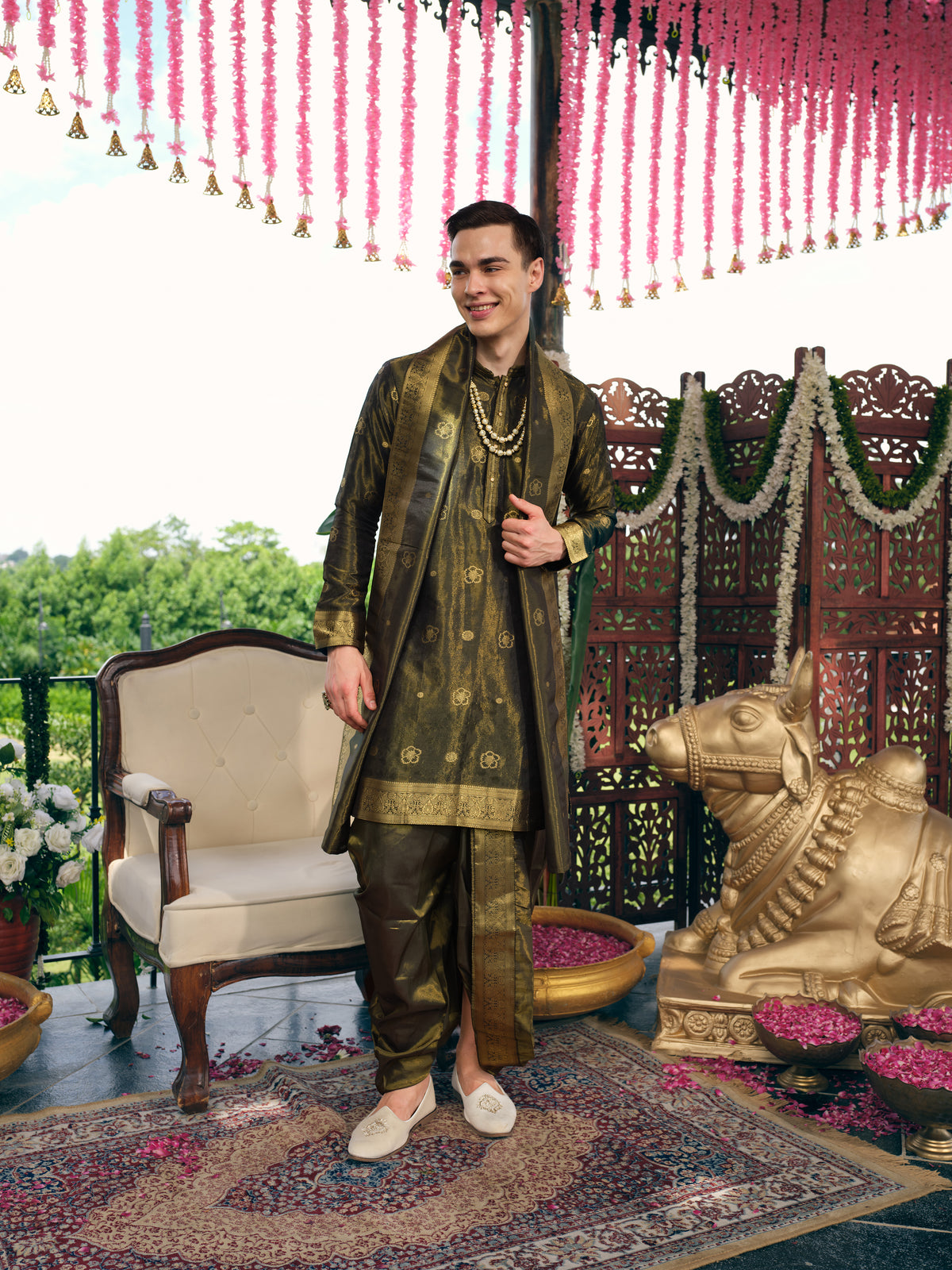 Mehfil Green Self Jacquard Dhoti Kurta Set