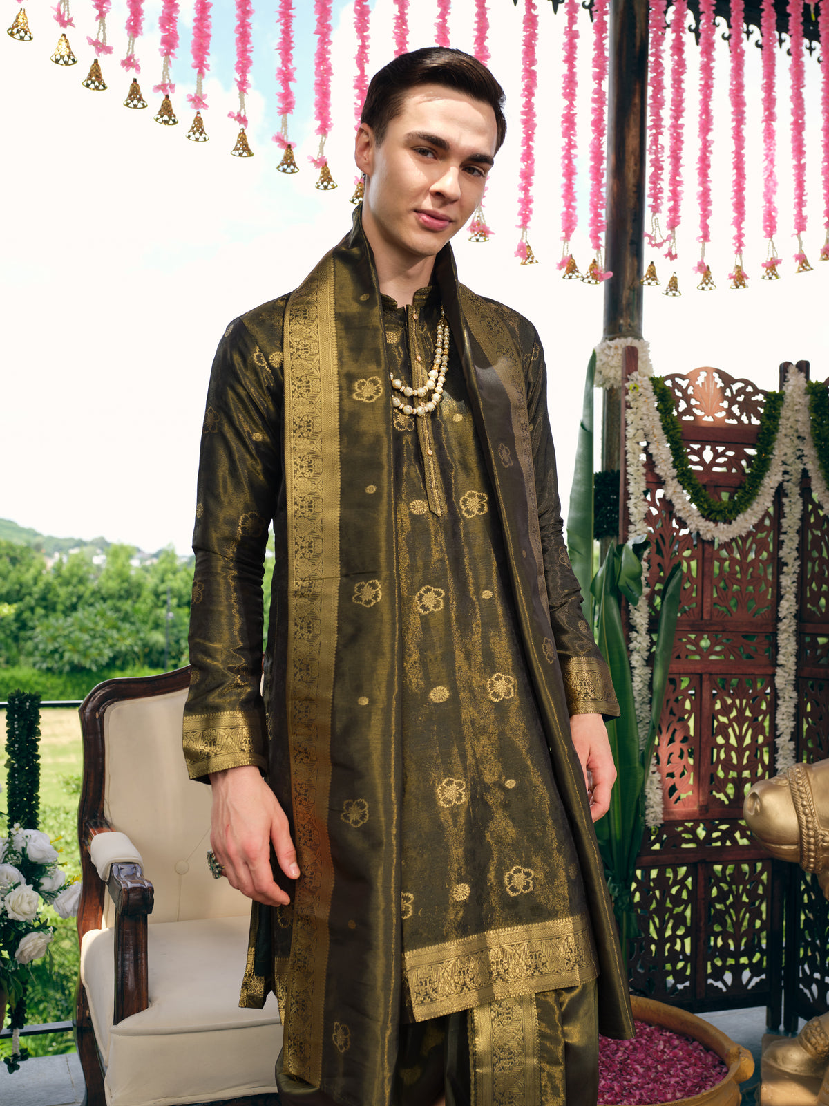 Mehfil Green Self Jacquard Dhoti Kurta Set