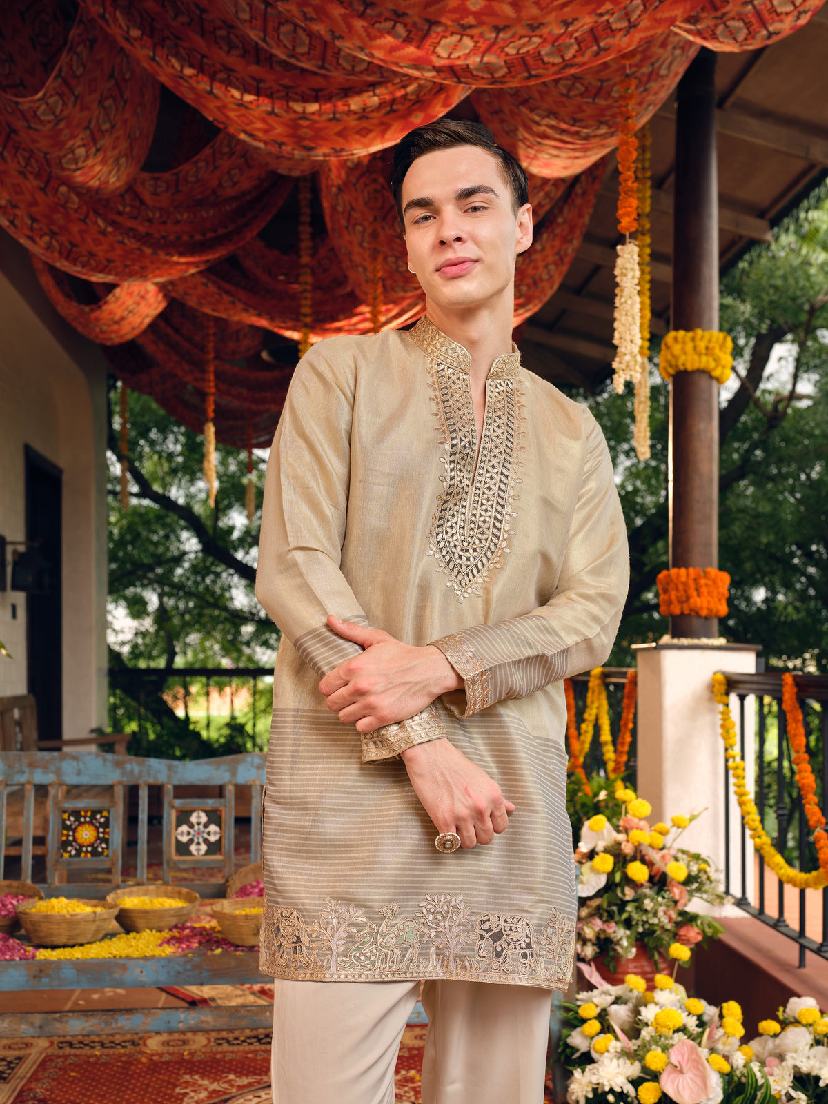 Egyptian Gold Jacquard Short Kurta Set with Gotta Patti Work