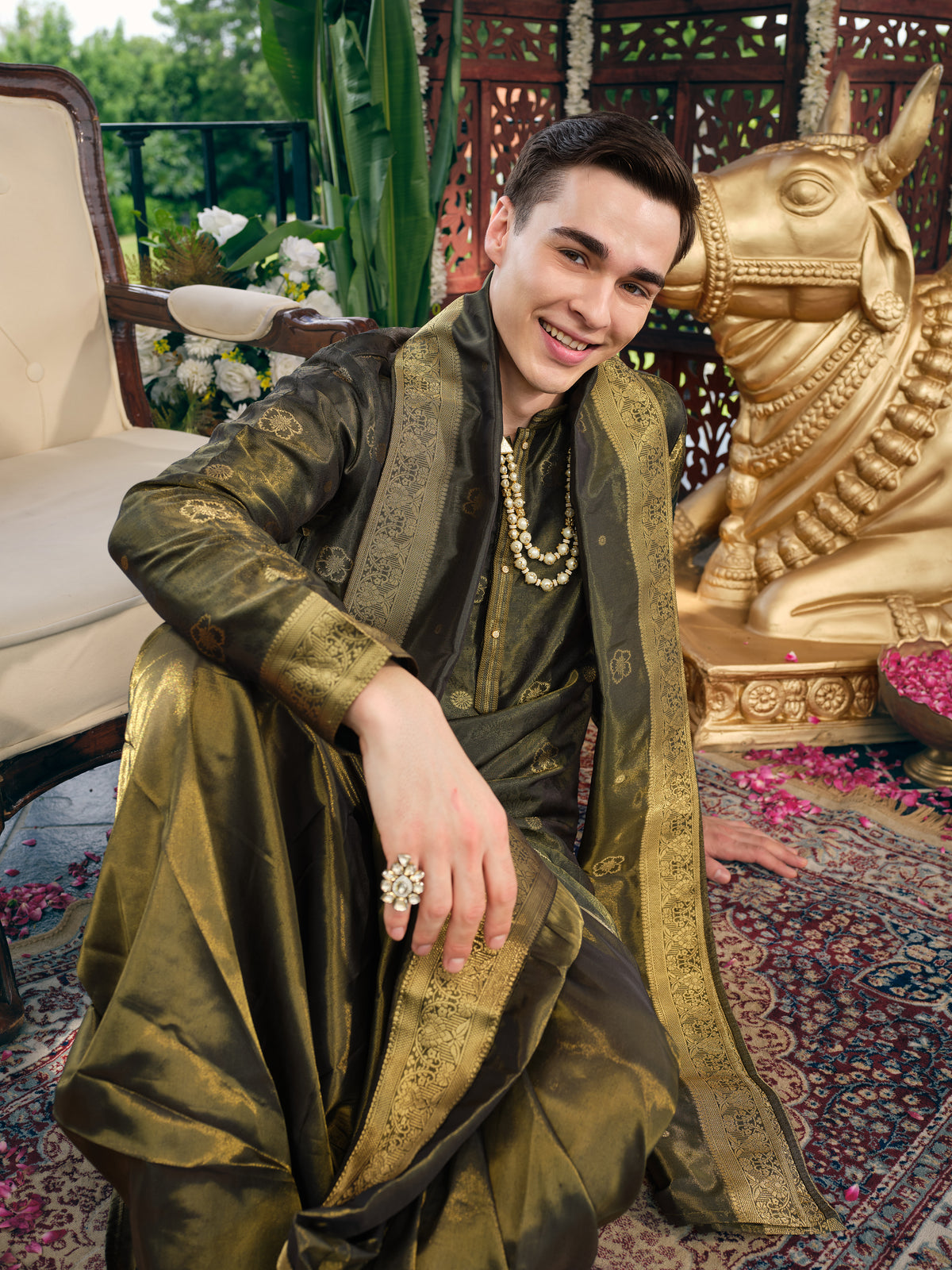 Mehfil Green Self Jacquard Dhoti Kurta Set