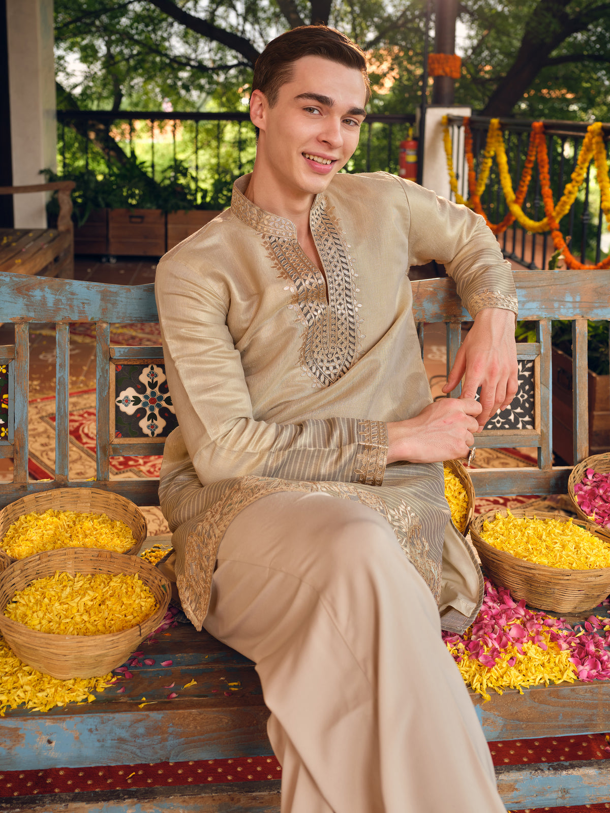 Egyptian Gold Jacquard Short Kurta Set with Gotta Patti Work