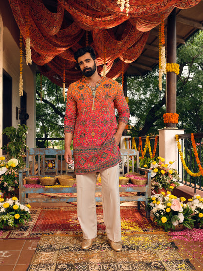 Kesar Ombre Natural Crepe Short Kurta Set with Position Print