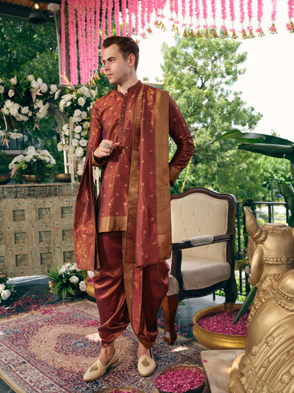 Rust Maroon Self Jacquard Dhoti Kurta Set
