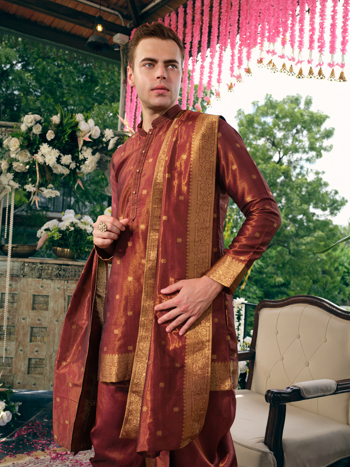 Rust Maroon Self Jacquard Dhoti Kurta Set