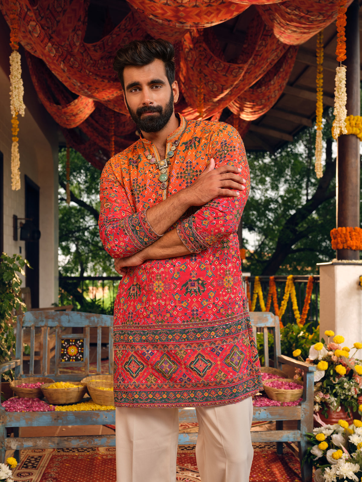 Kesar Ombre Natural Crepe Short Kurta Set with Position Print