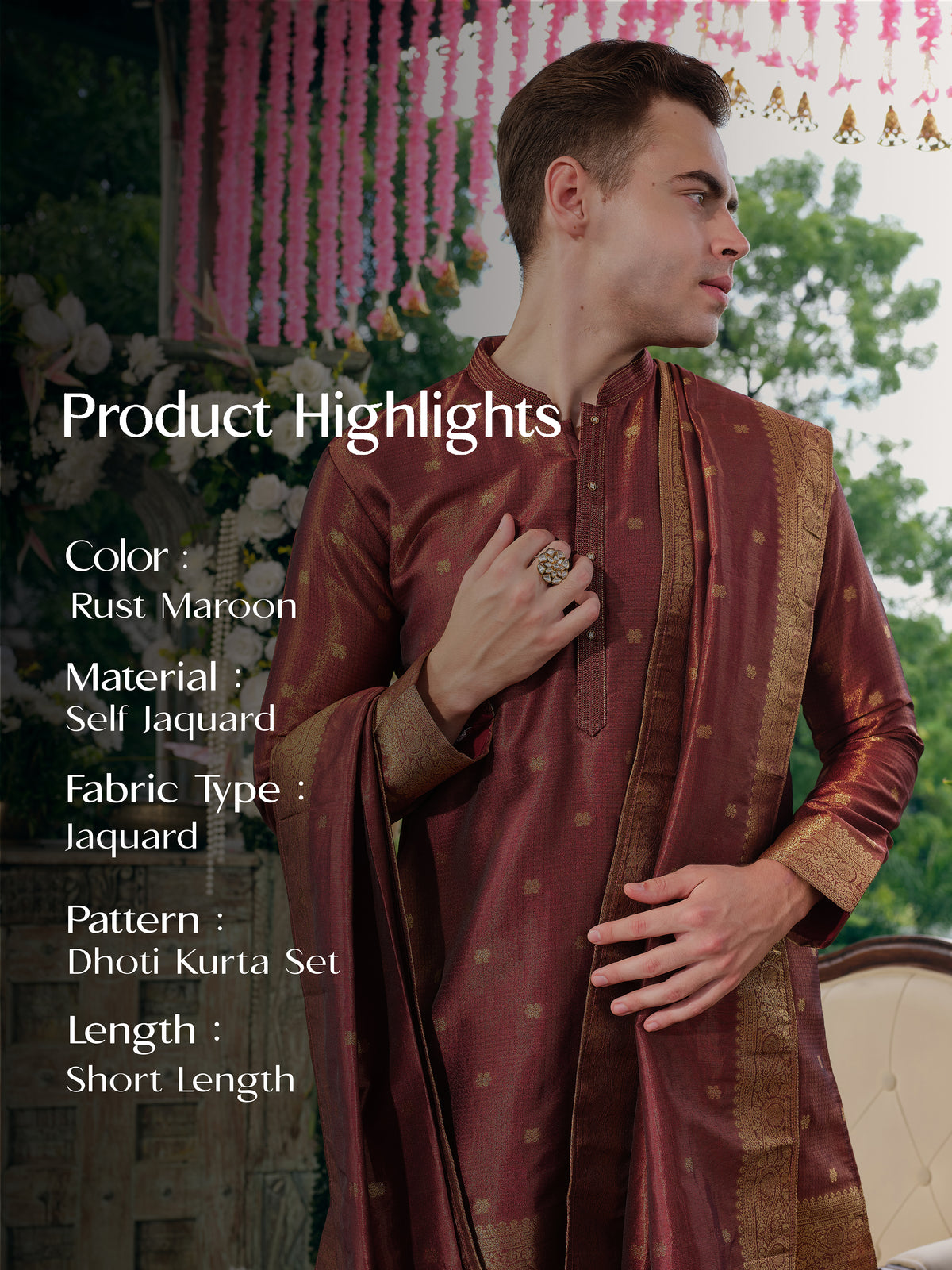 Rust Maroon Self Jacquard Dhoti Kurta Set