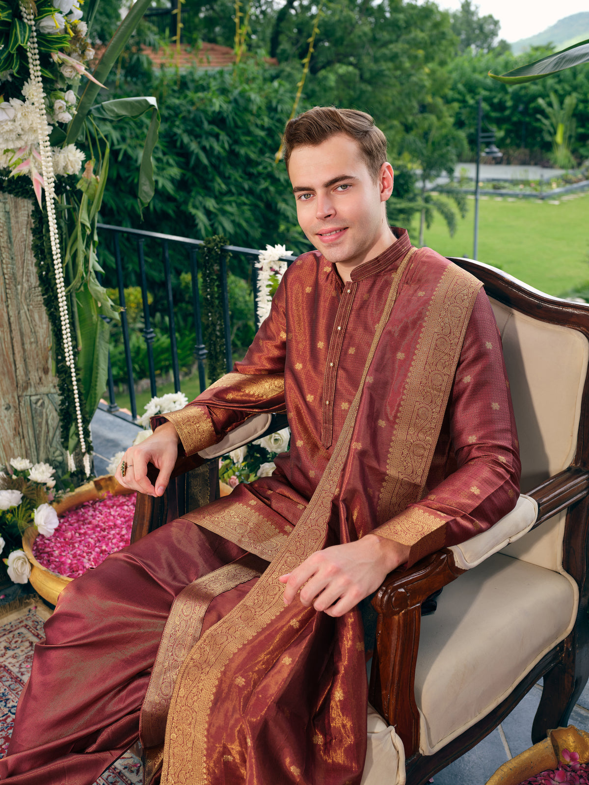 Rust Maroon Self Jacquard Dhoti Kurta Set