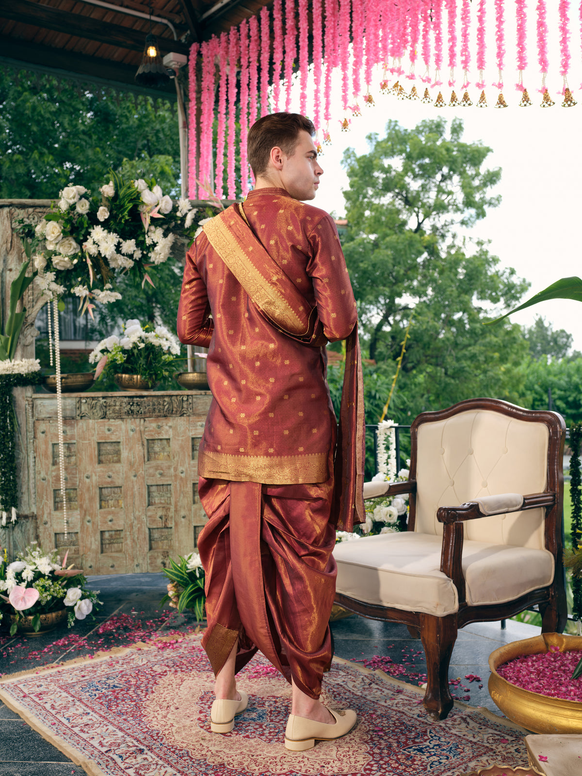 Rust Maroon Self Jacquard Dhoti Kurta Set