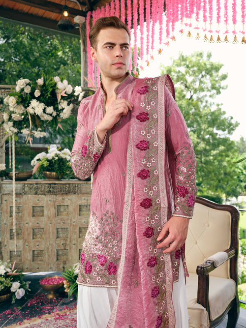 Berry Pink Shimmer Organza Kurta Dupatta Set with Embroidery
