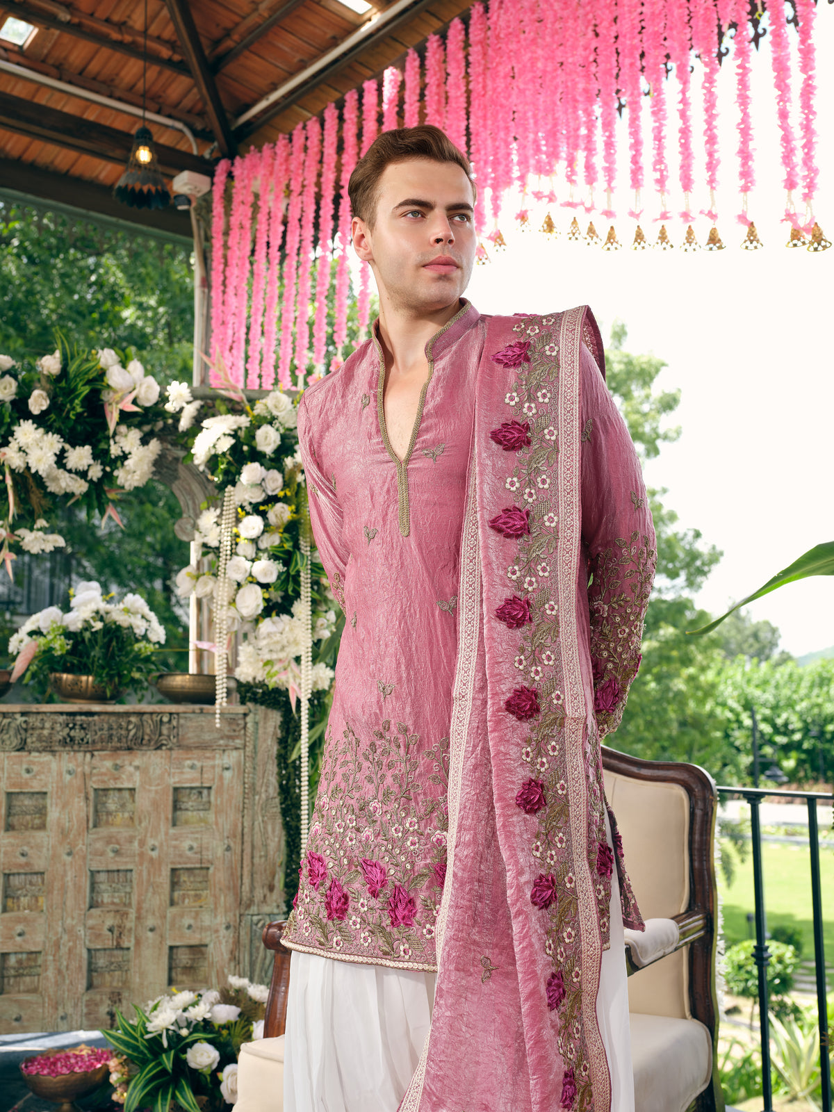 Berry Pink Shimmer Organza Kurta Dupatta Set with Embroidery
