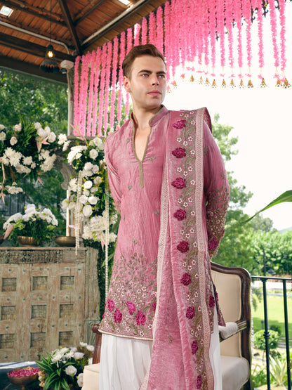 Berry Pink Shimmer Organza Kurta Dupatta Set with Embroidery