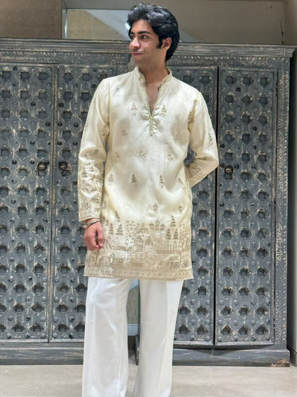 Shimmer Organza Short Kurta Set with Jari Embroidery