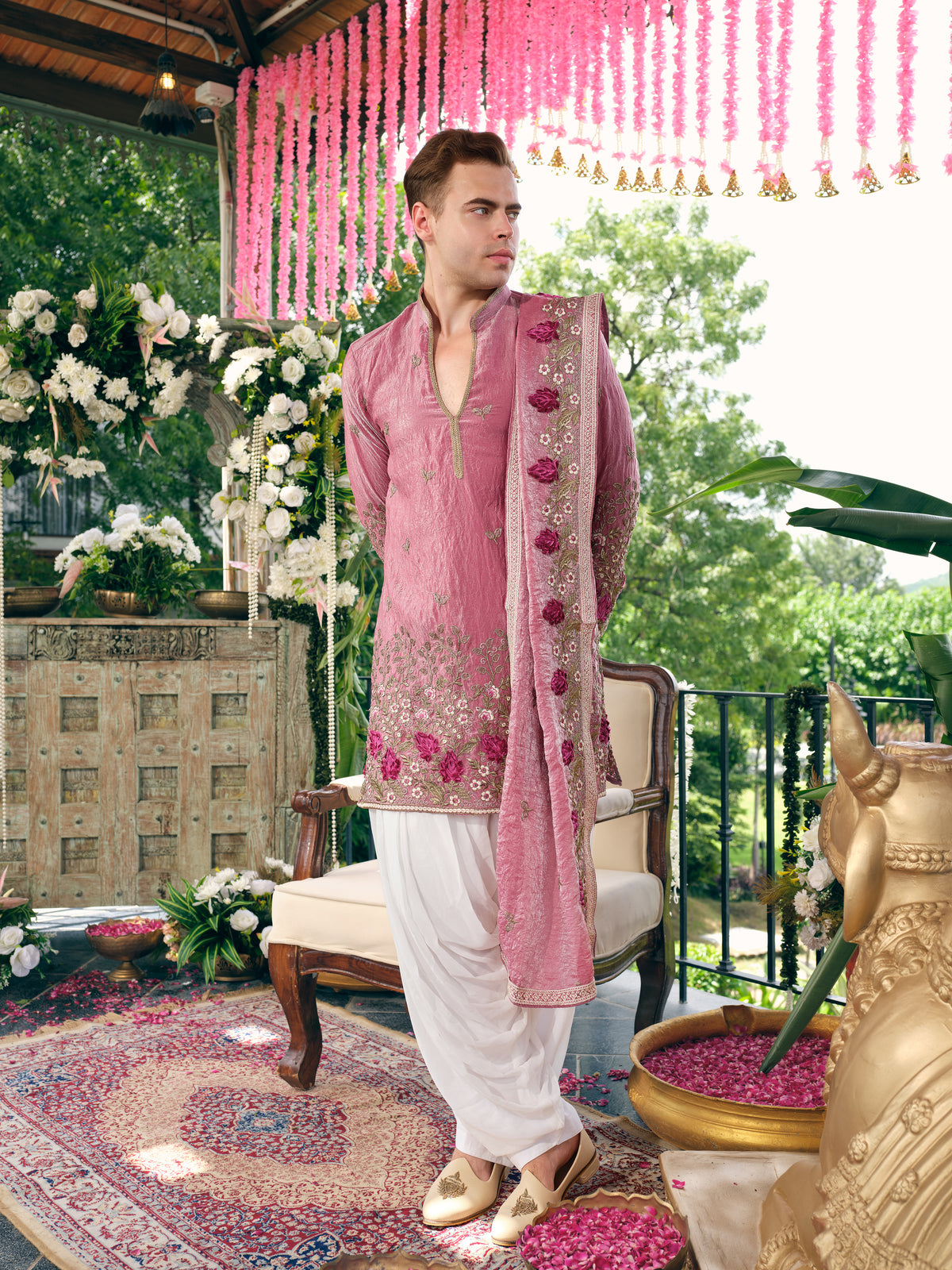 Berry Pink Shimmer Organza Kurta Dupatta Set with Embroidery