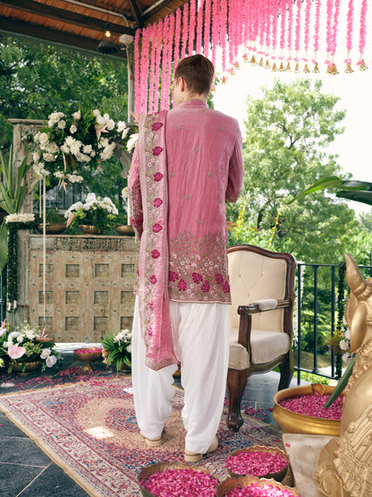 Berry Pink Shimmer Organza Kurta Dupatta Set with Embroidery