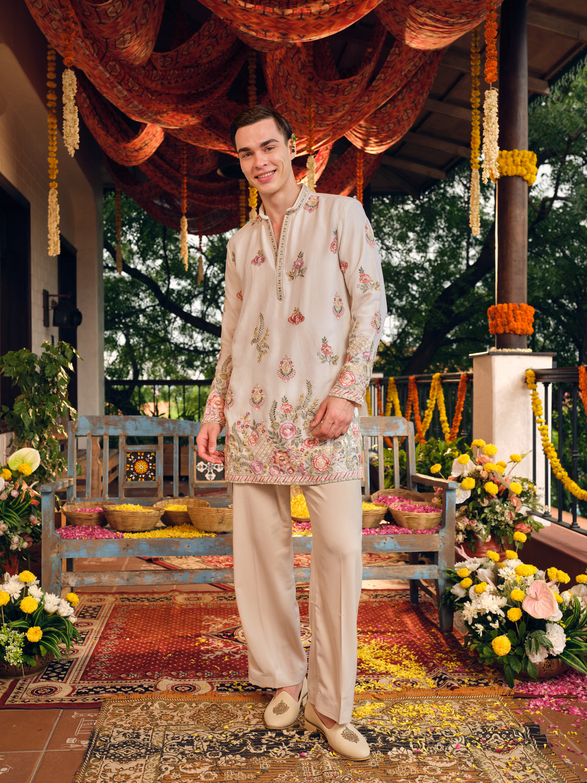 Makhan-Malai Silk Short Kurta Set with Embroidery