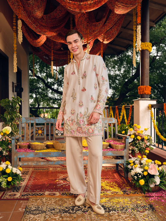 Makhan-Malai Silk Short Kurta Set with Embroidery