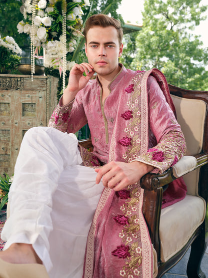 Berry Pink Shimmer Organza Kurta Dupatta Set with Embroidery