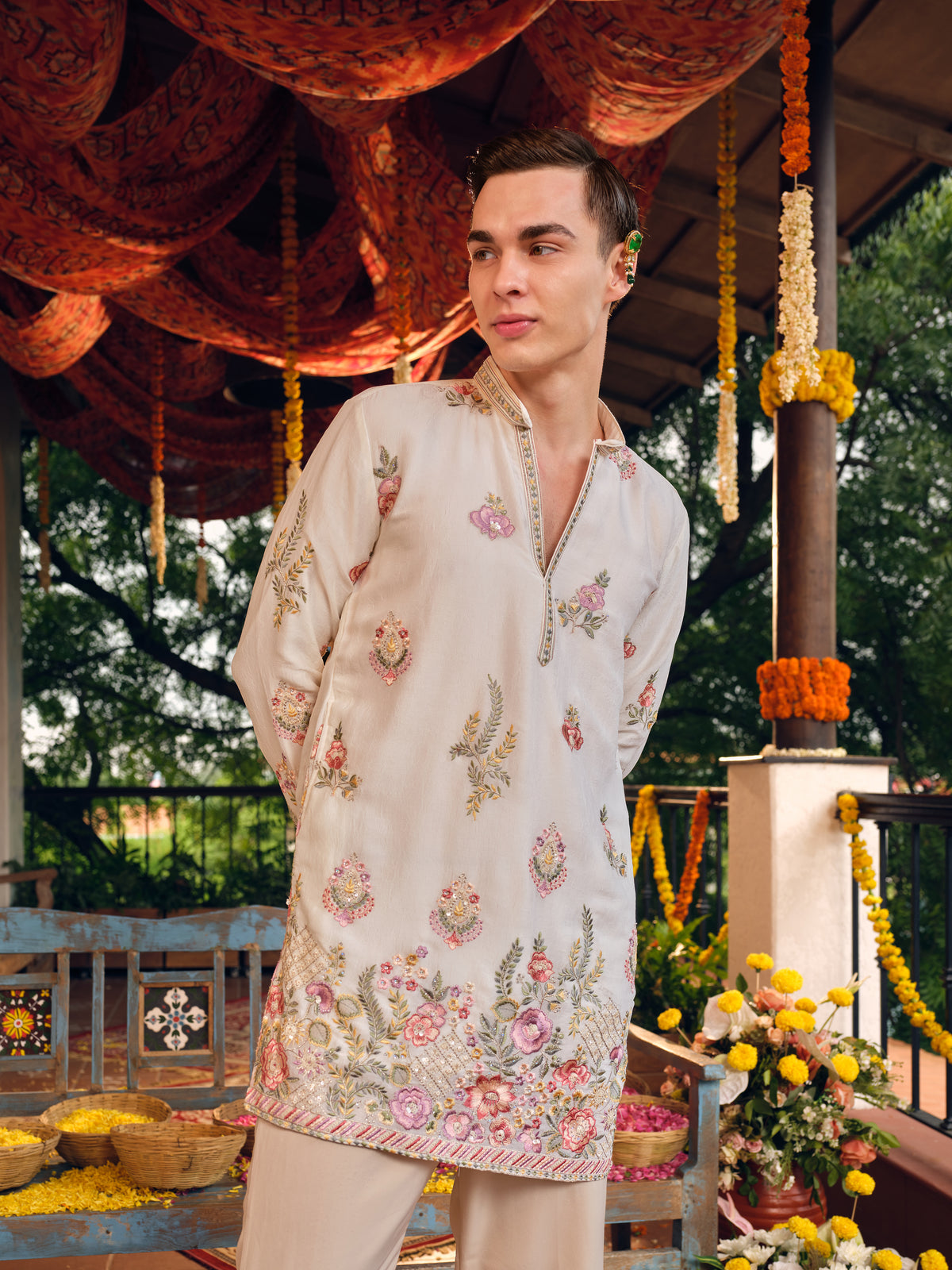 Makhan-Malai Silk Short Kurta Set with Embroidery