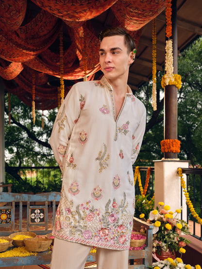 Makhan-Malai Silk Short Kurta Set with Embroidery