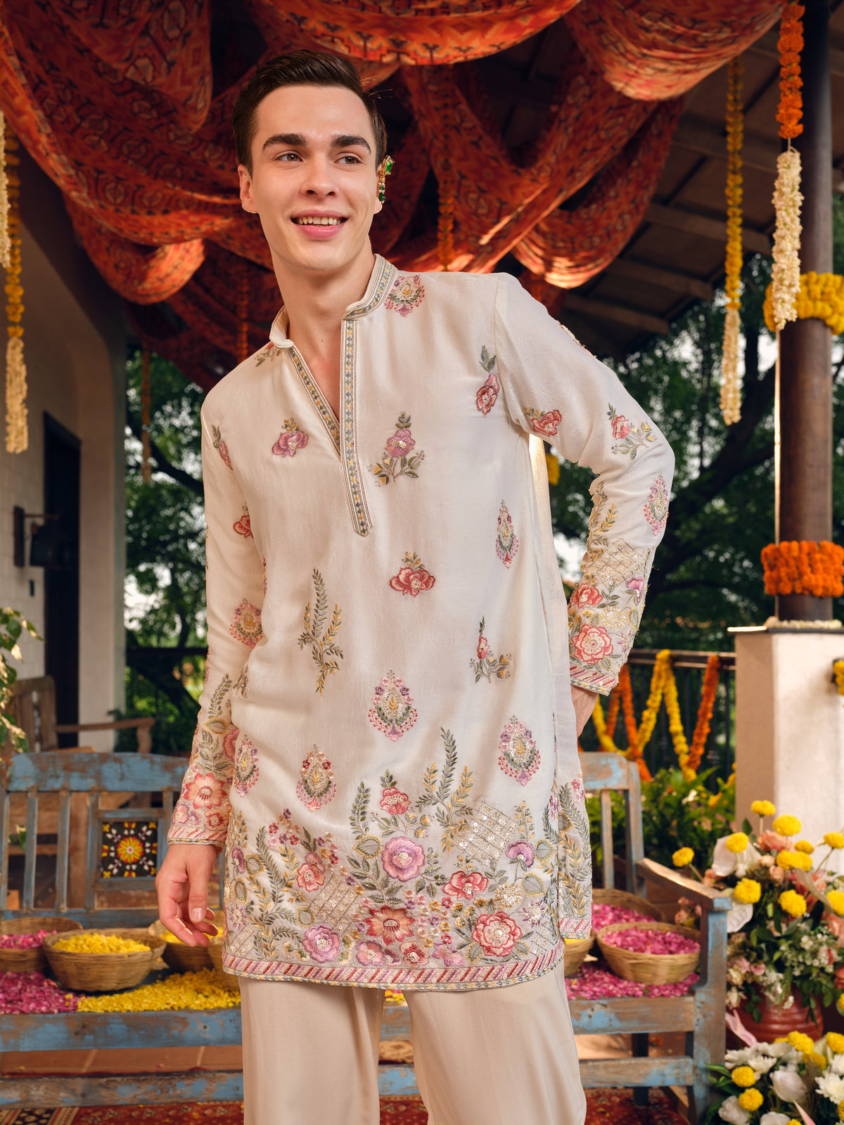 Makhan-Malai Silk Short Kurta Set with Embroidery