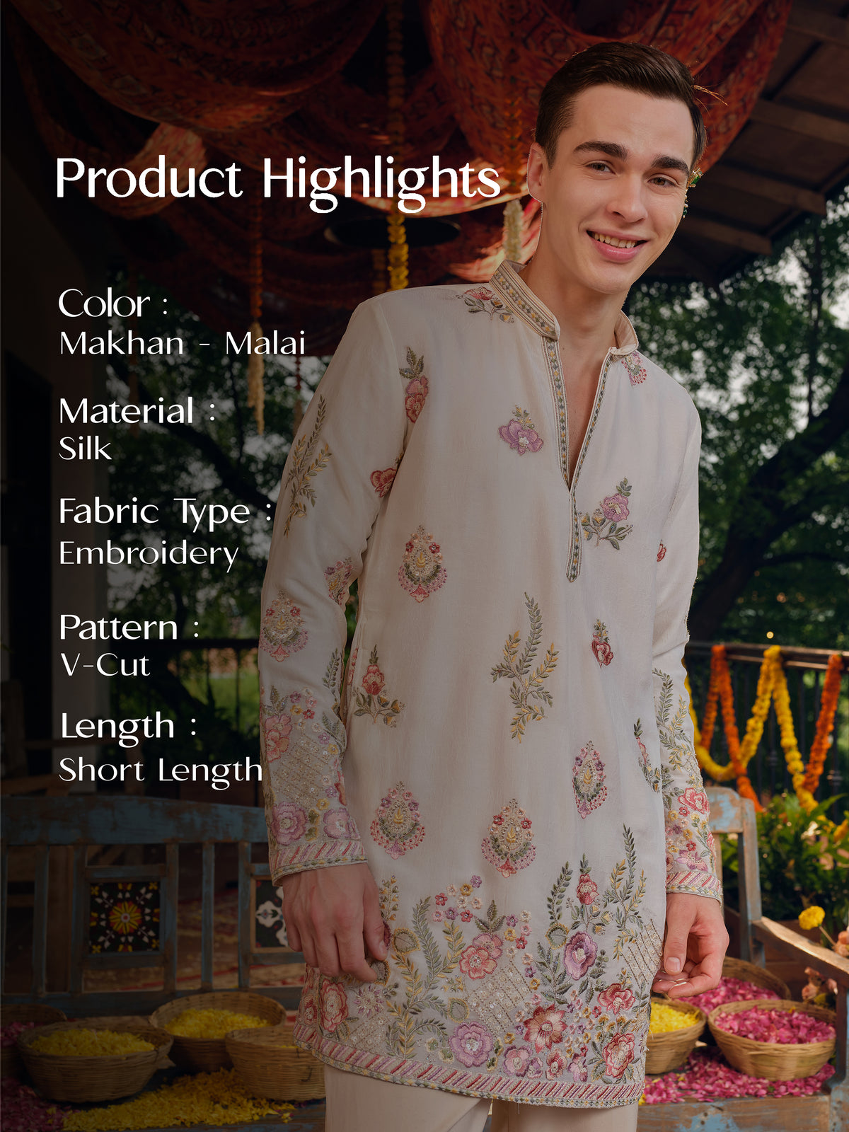Makhan-Malai Silk Short Kurta Set with Embroidery