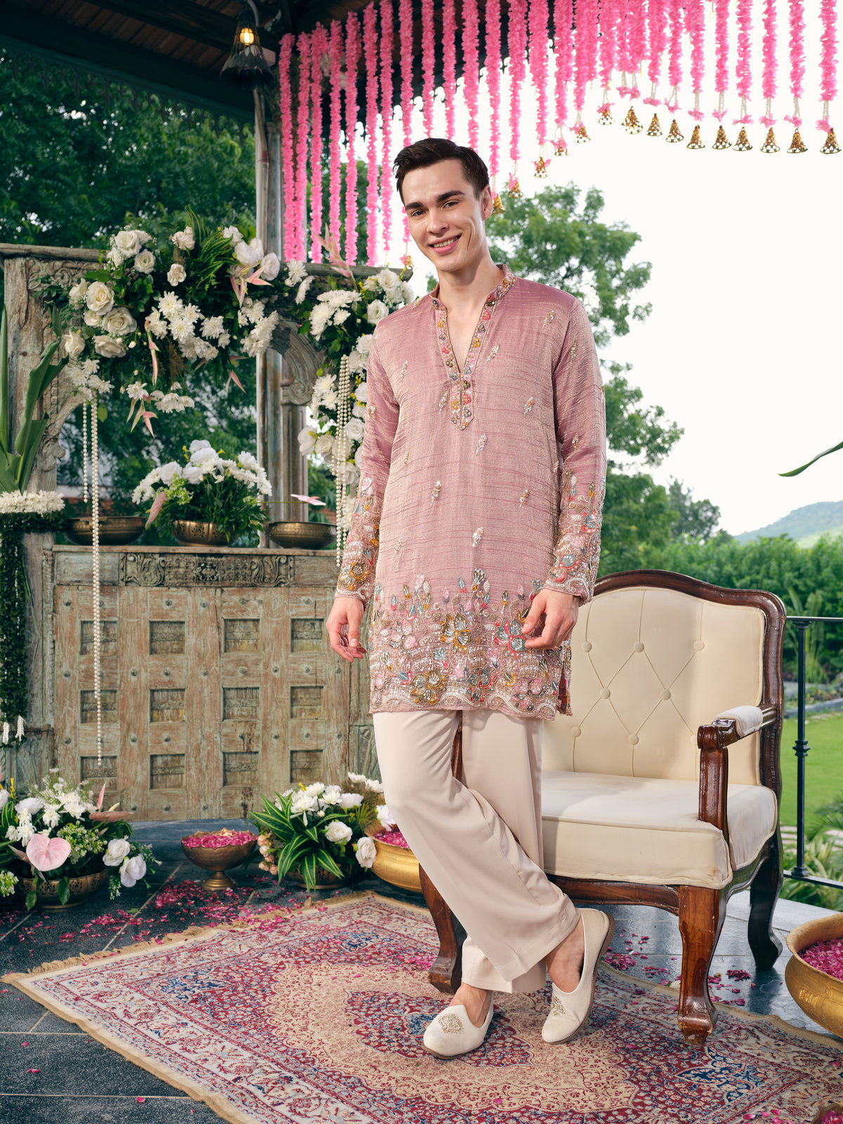 Dusty Rose Crush Tissue Short Kurta Set with Embroidery and Beads