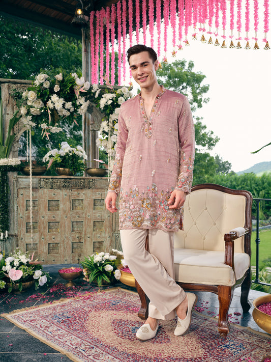 Dusty Rose Crush Tissue Short Kurta Set with Embroidery and Beads