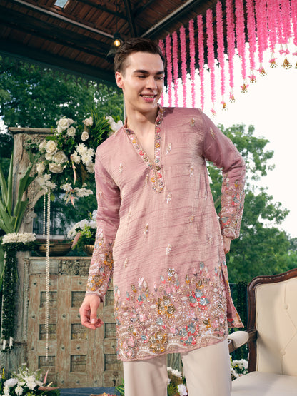 Dusty Rose Crush Tissue Short Kurta Set with Embroidery and Beads