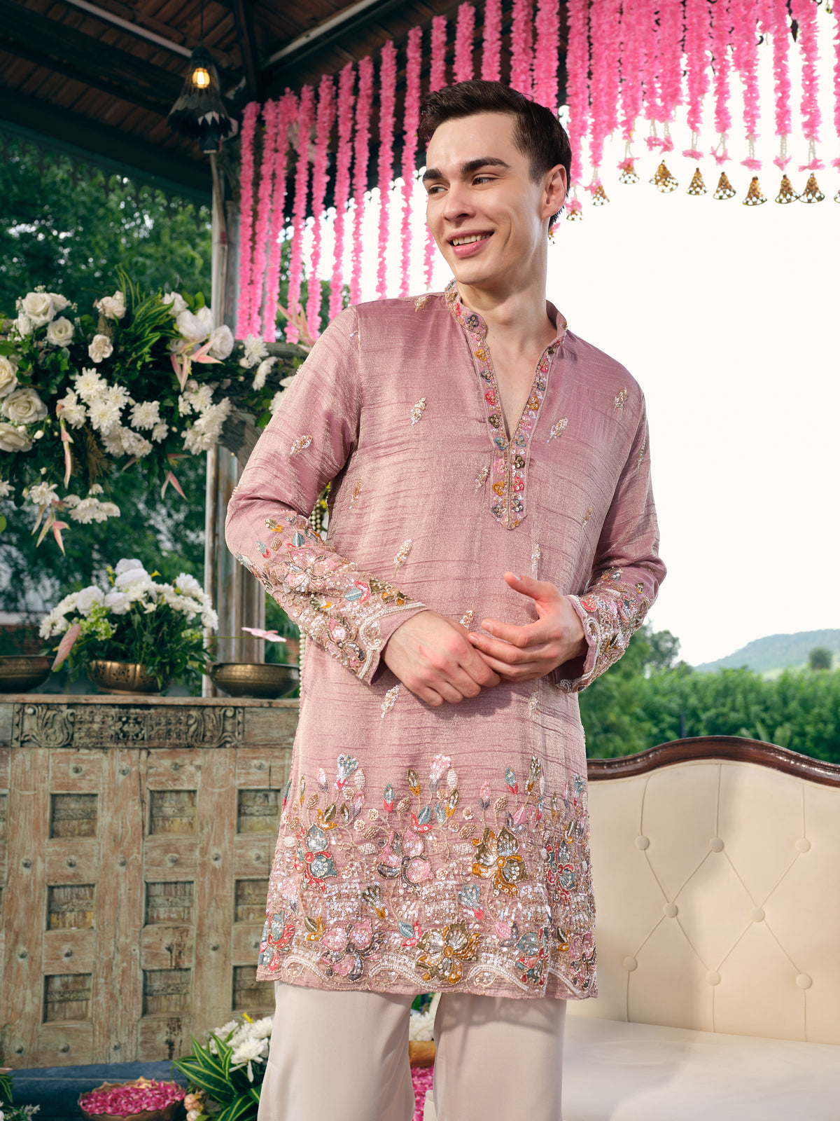 Dusty Rose Crush Tissue Short Kurta Set with Embroidery and Beads
