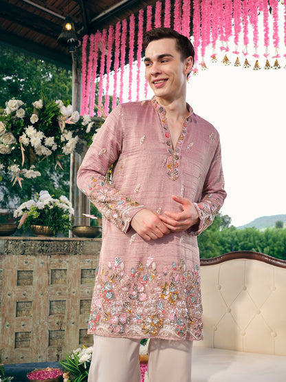 Dusty Rose Crush Tissue Short Kurta Set with Embroidery and Beads