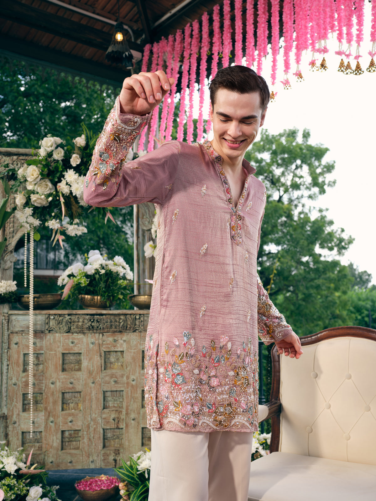 Dusty Rose Crush Tissue Short Kurta Set with Embroidery and Beads
