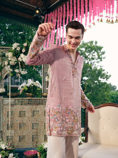 Dusty Rose Crush Tissue Short Kurta Set with Embroidery and Beads