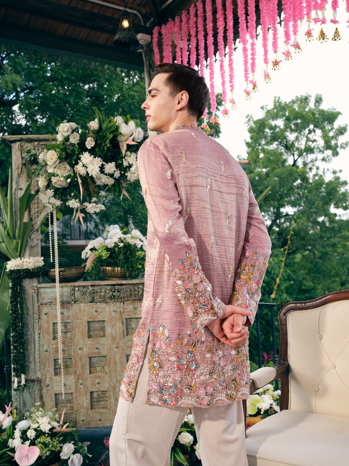 Dusty Rose Crush Tissue Short Kurta Set with Embroidery and Beads