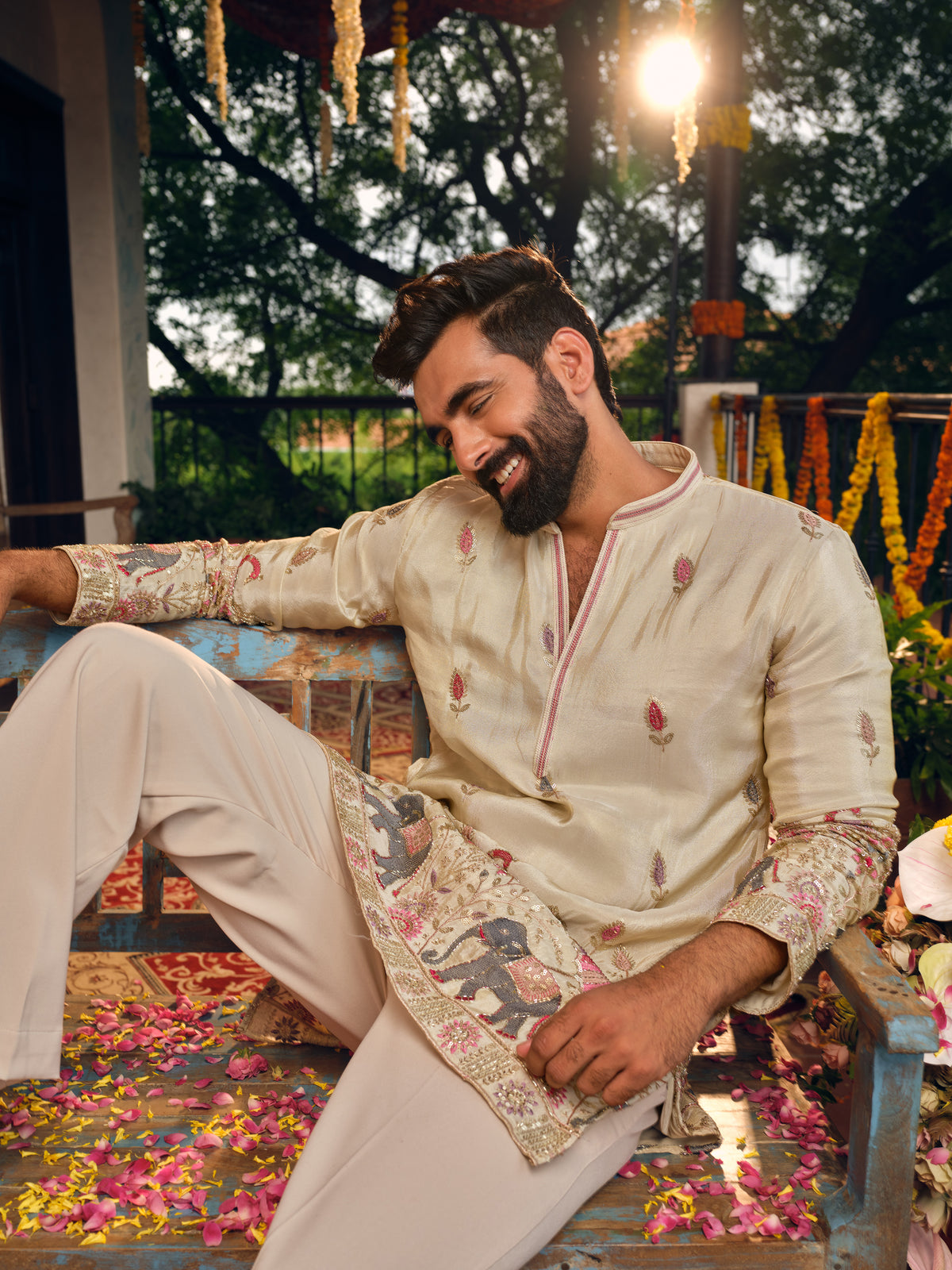 Cream Tissue Silk Short Kurta Set with Beads and Embroidery
