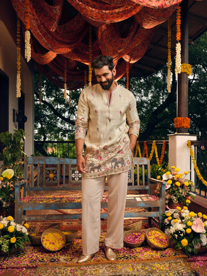 Cream Tissue Silk Short Kurta Set with Beads and Embroidery