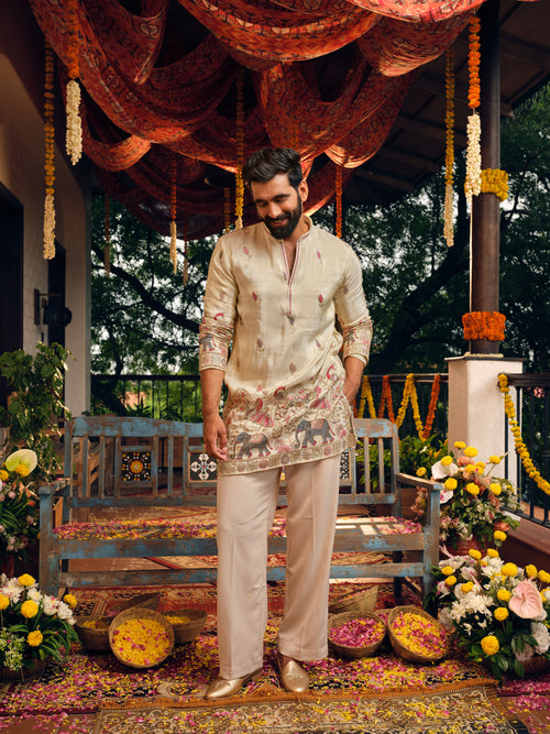 Cream Tissue Silk Short Kurta Set with Beads and Embroidery
